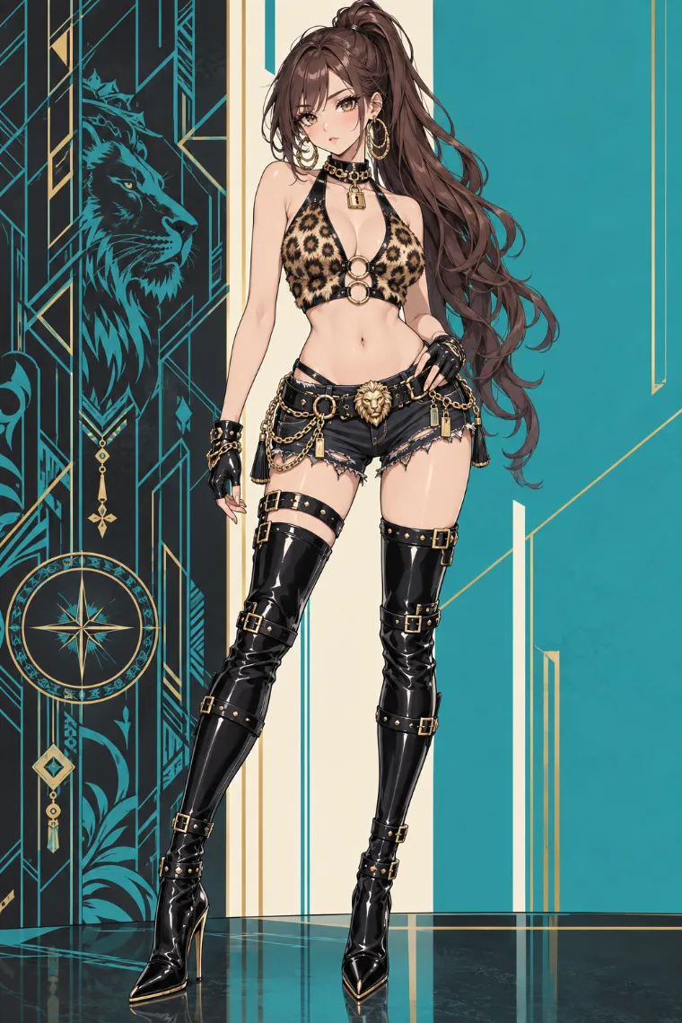 AIイラスト版｜ヒョウ柄ファークロップトップと黒デニムショートパンツに黒のサイハイブーツを合わせたアゲ嬢ギャルコーデ