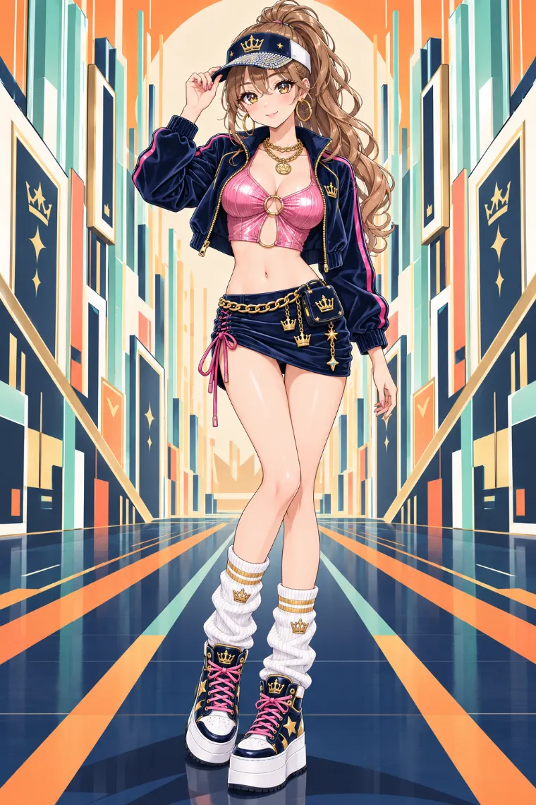 AIイラスト版｜ネイビーのベロアジャケットとメタリックピンクトップ、ミニスカートに白レッグウォーマーと厚底スニーカーを合わせたアゲ嬢ギャルコーデ