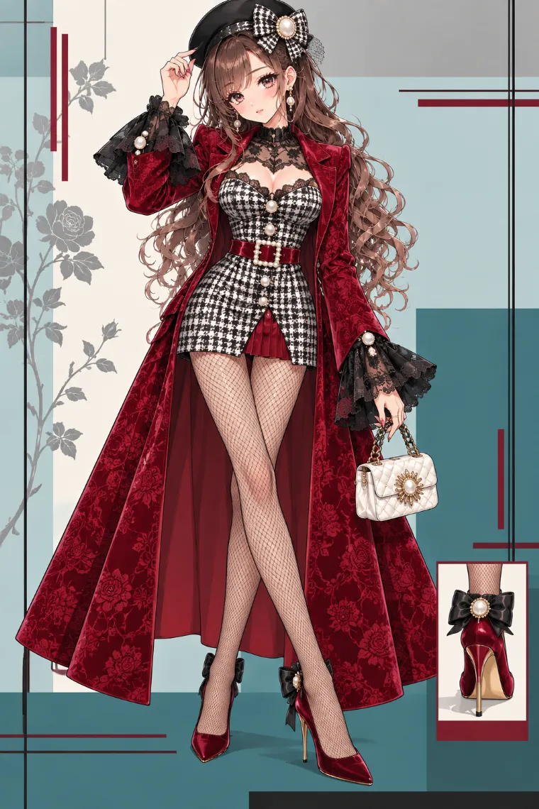 AIイラスト版｜深紅ベルベットコートと千鳥格子ミニドレスに黒フィッシュネットタイツと深紅パンプスを合わせたアゲ嬢ギャルコーデ