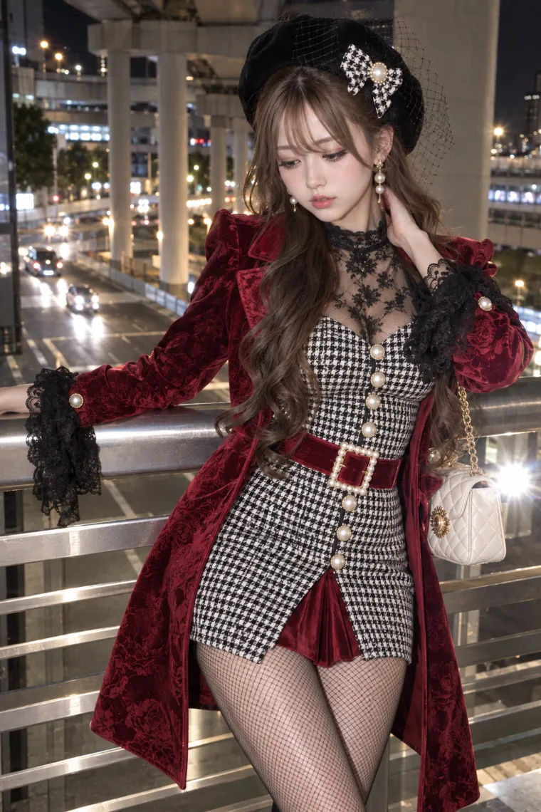 実写AI版｜深紅ベルベットコートと千鳥格子ミニドレスに黒フィッシュネットタイツと深紅パンプスを合わせたアゲ嬢ギャルコーデ