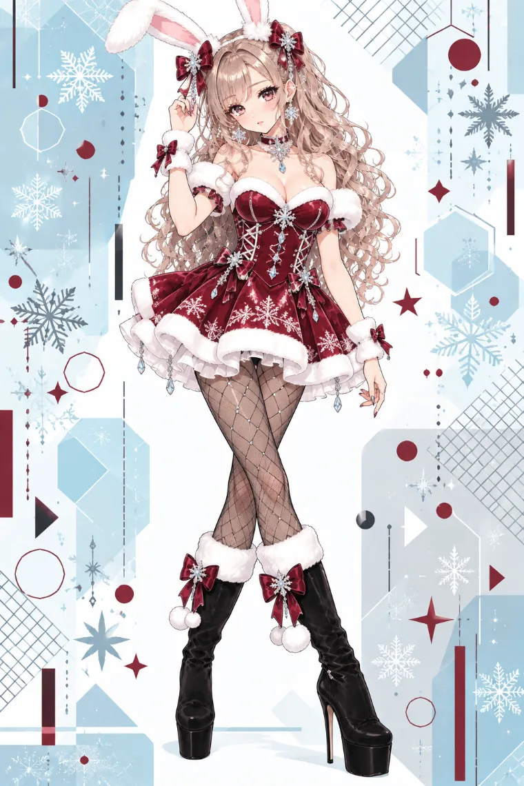 AIイラスト版｜白ファー付きの深紅ベルベットバニーミニドレスに黒フィッシュネットタイツとファー付きロングブーツを合わせたアゲ嬢ギャルコーデ