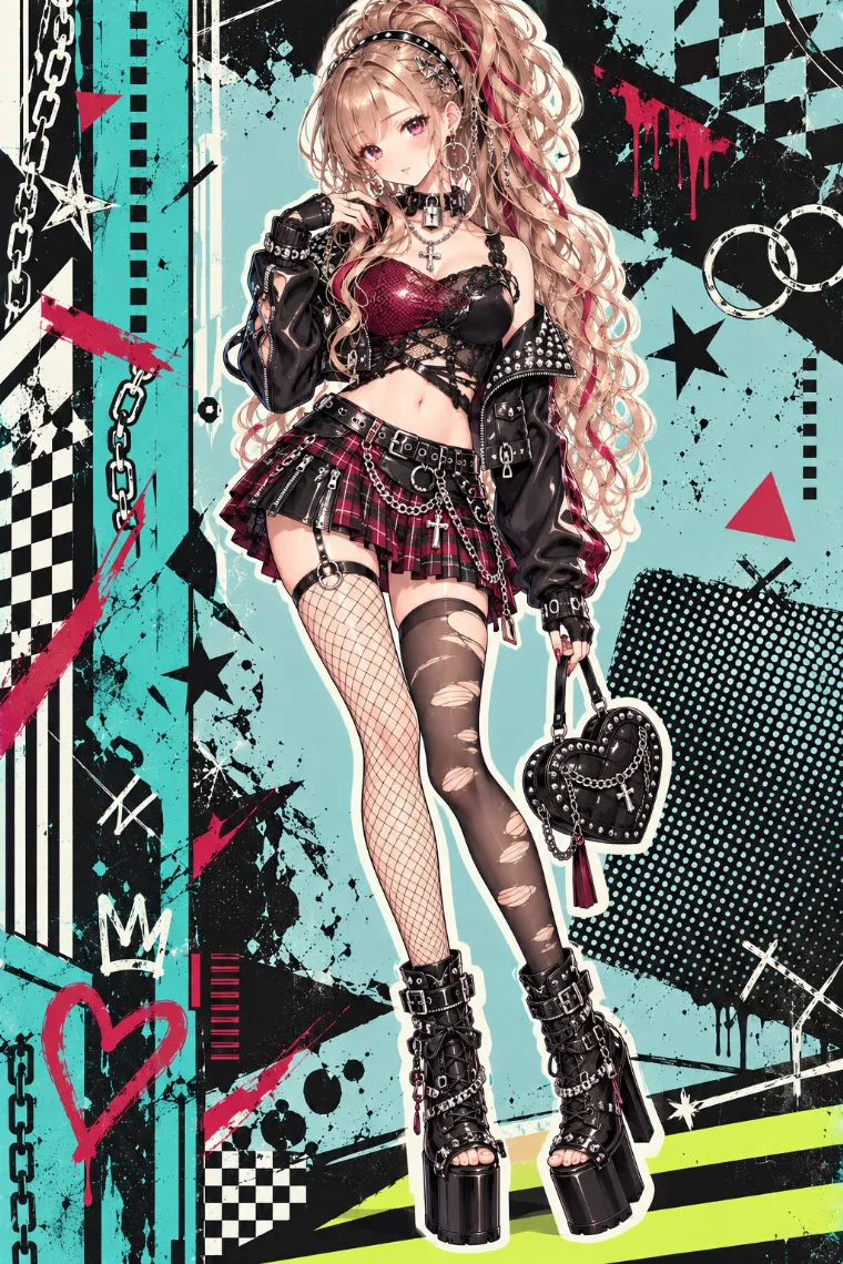 AIイラスト版｜スタッズライダースとダメージトップス、赤黒タータンのプリーツミニに厚底コンバットブーツを合わせたパンク系アゲ嬢ギャルコーデ