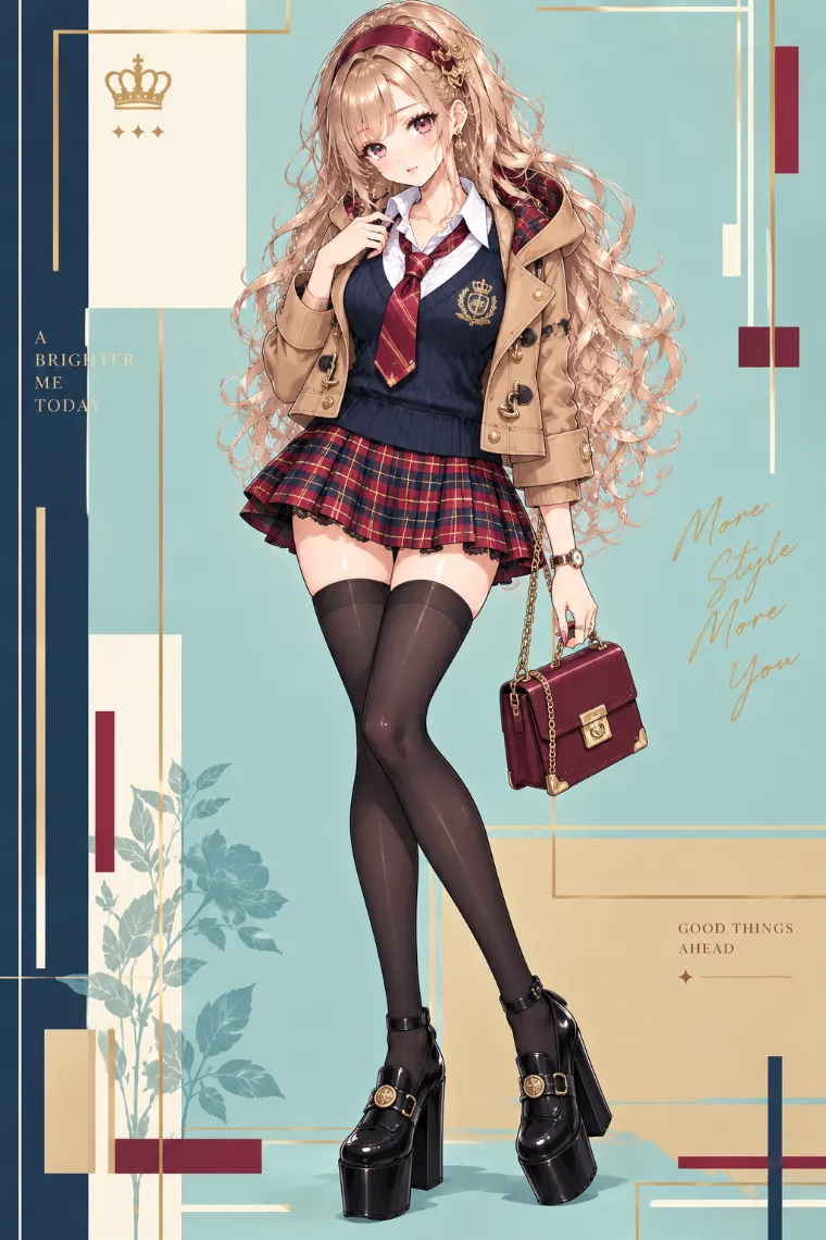 AIイラスト版｜キャメルダッフルと白シャツ、ネイビーベスト、タータンミニに黒ニーハイと厚底ローファーを合わせたプレッピー系アゲ嬢ギャルコーデ