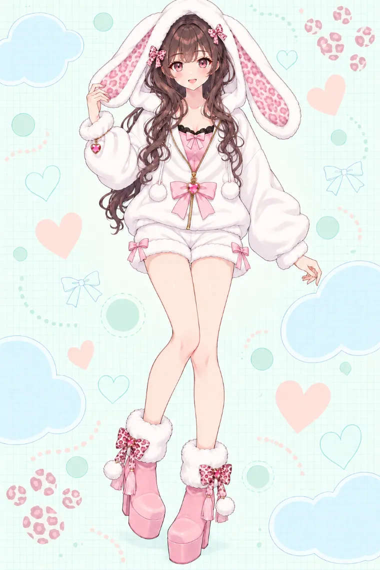 AIイラスト版｜白のプラッシュバニーパーカーとピンクキャミ、白ショートパンツにピンクのファー付き厚底ブーツを合わせたアゲ嬢ギャルコーデ
