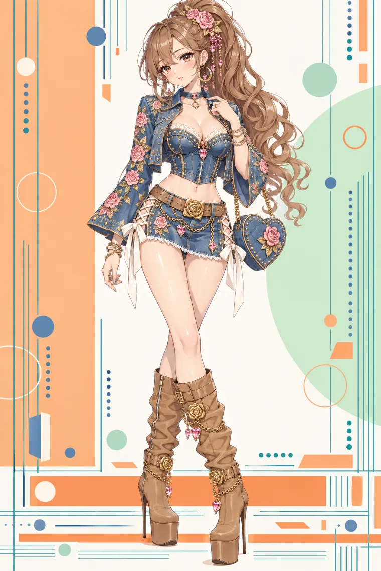 AIイラスト版｜ピンクローズを飾ったデニムジャケットとコルセットトップ、デニムミニスカートに厚底ブーツを合わせたアゲ嬢ギャルコーデ