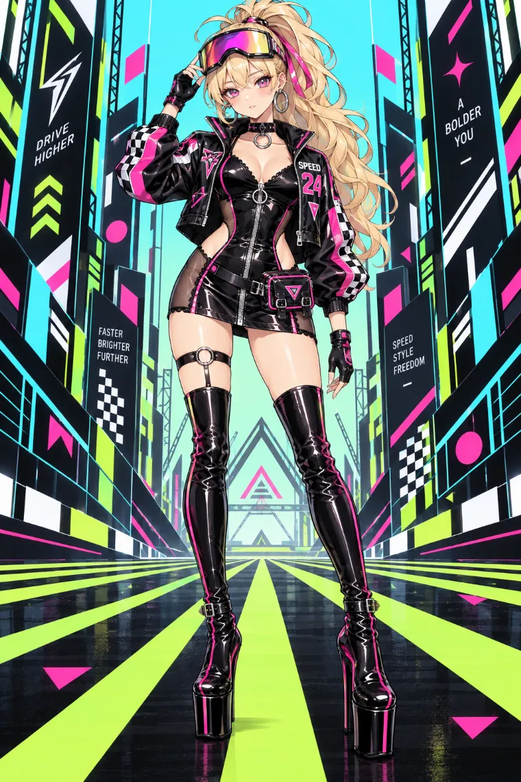 AIイラスト版｜黒のレーシングジャケットとホットピンク配色のビニールミニドレスに黒のサイハイブーツを合わせたアゲ嬢ギャルコーデ