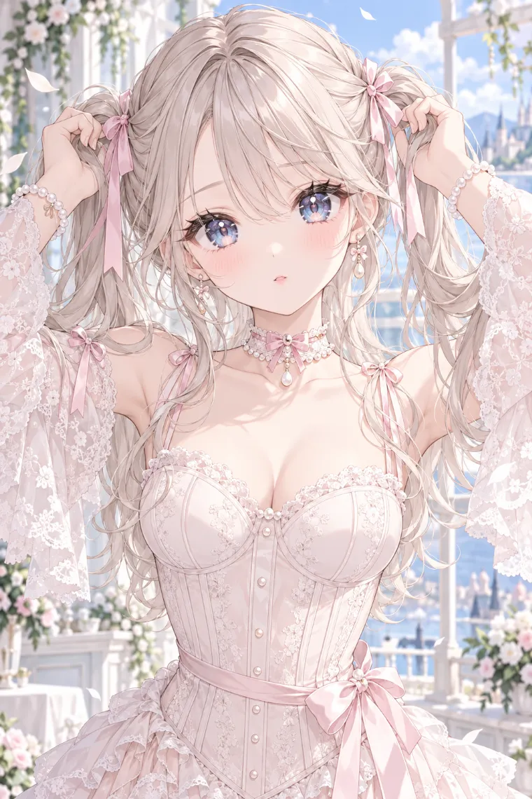 AIイラスト版｜両手で髪をツインテール風に持ち上げるポーズ｜女の子のポーズ
