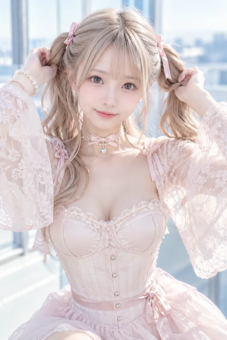 実写AI版｜両手で髪をツインテール風に持ち上げるポーズ｜女の子のポーズ