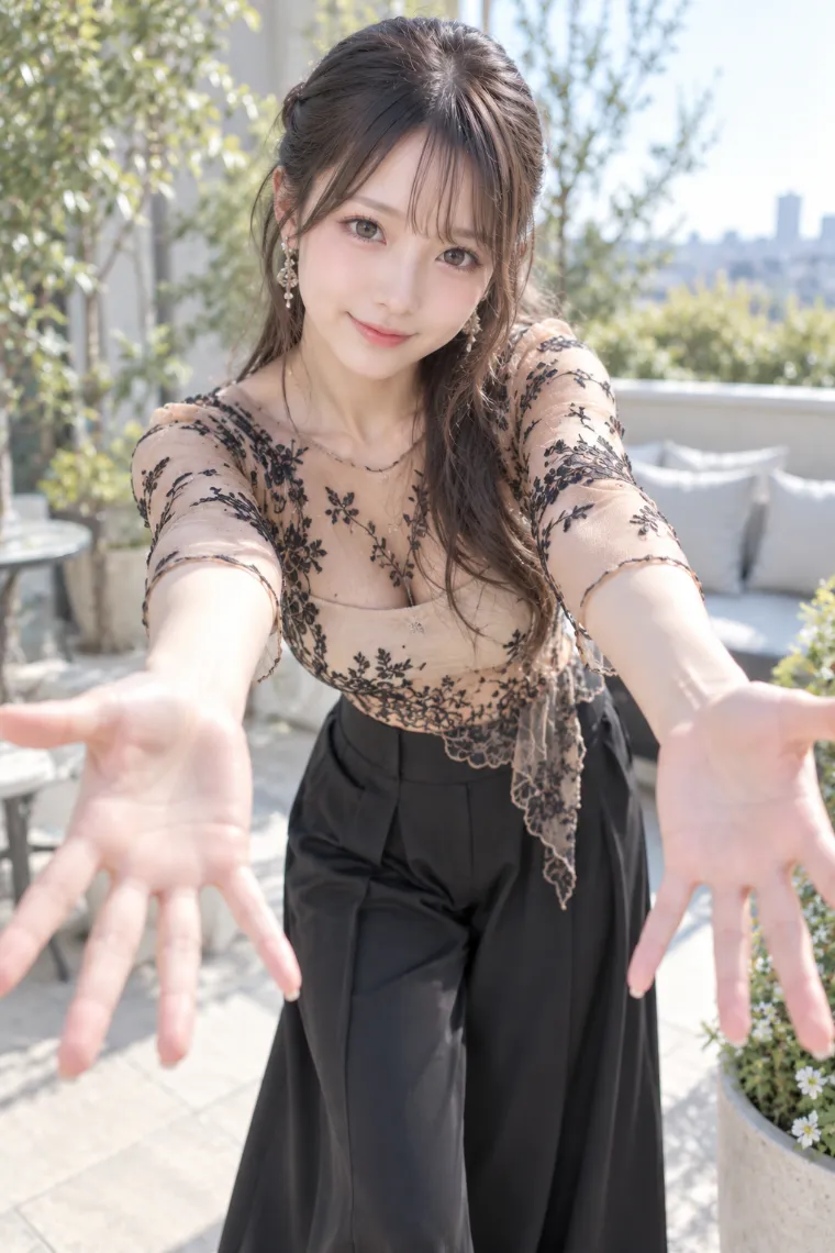 実写AI版｜両手をカメラへ差し出すポーズ｜女の子のポーズ