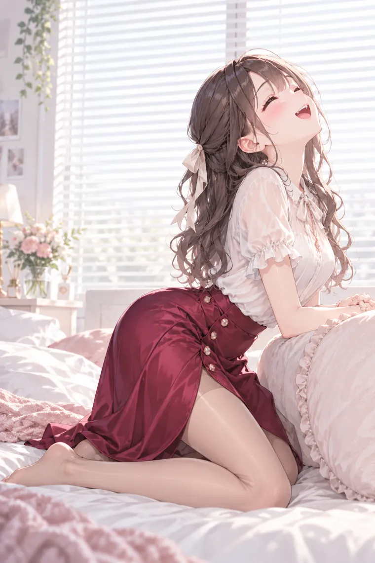 AIイラスト版｜クッションに両手をついて顔を上げるひざ立ちポーズ｜女の子のポーズ