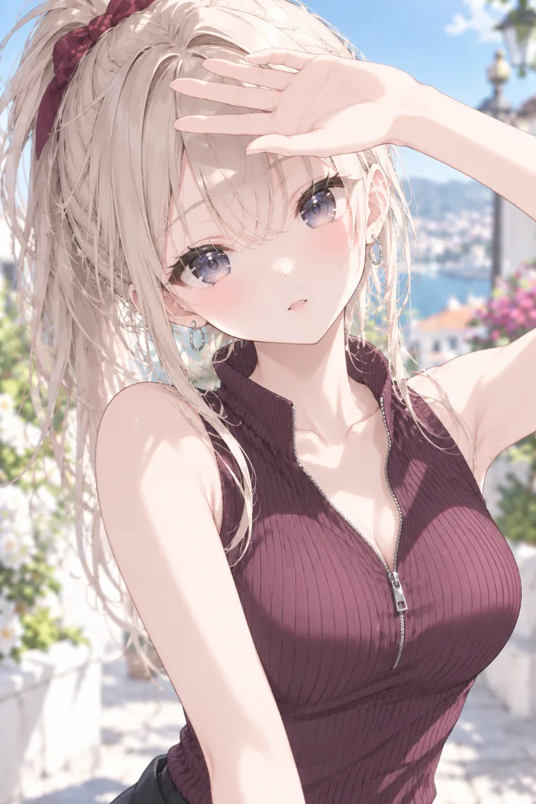 AIイラスト版｜手を額にかざして日差しを遮るポーズ｜女の子のポーズ