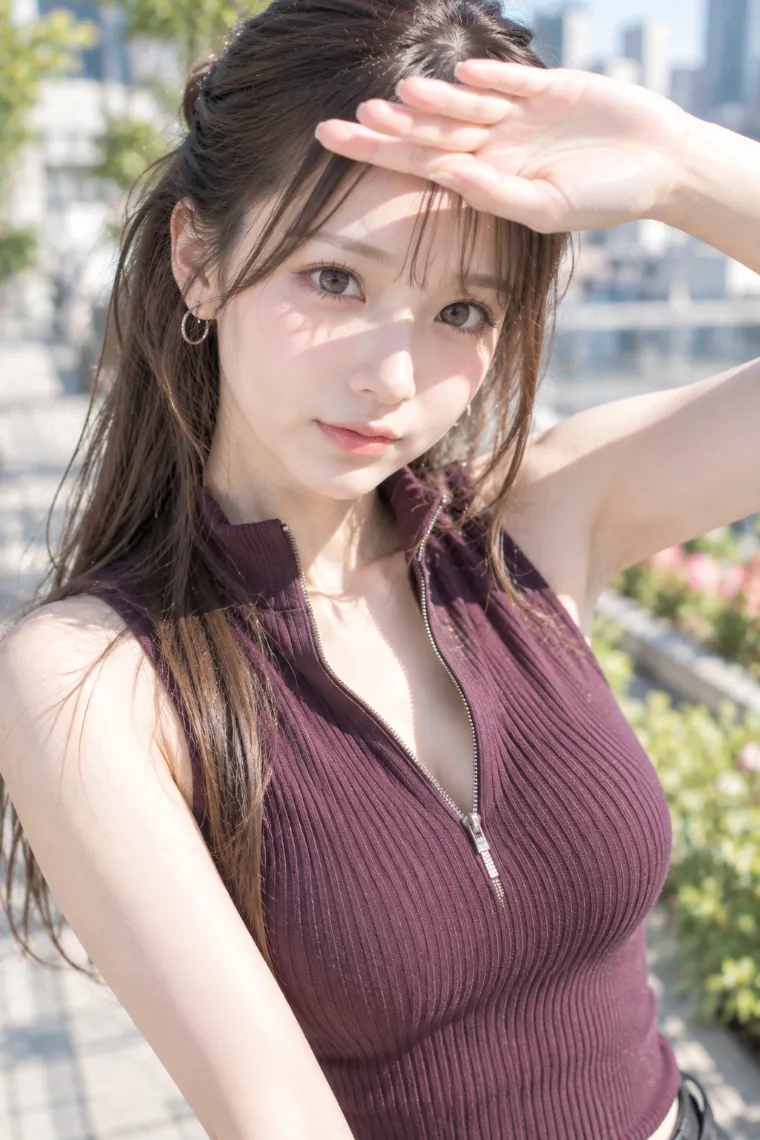 実写AI版｜手を額にかざして日差しを遮るポーズ｜女の子のポーズ