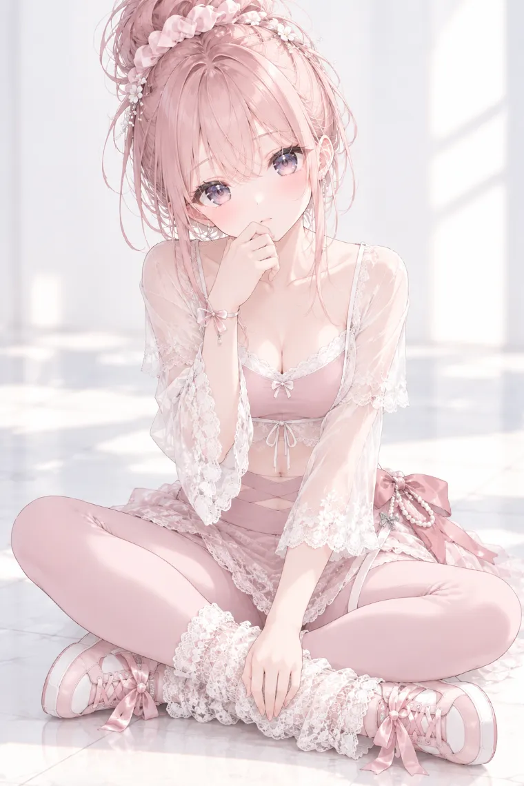 AIイラスト版｜あぐらで座って手を口元へ添えるポーズ｜女の子のポーズ