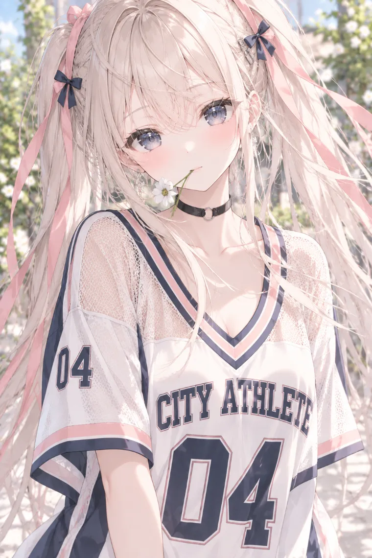 AIイラスト版｜白い花を口元でくわえるポーズ｜女の子のポーズ