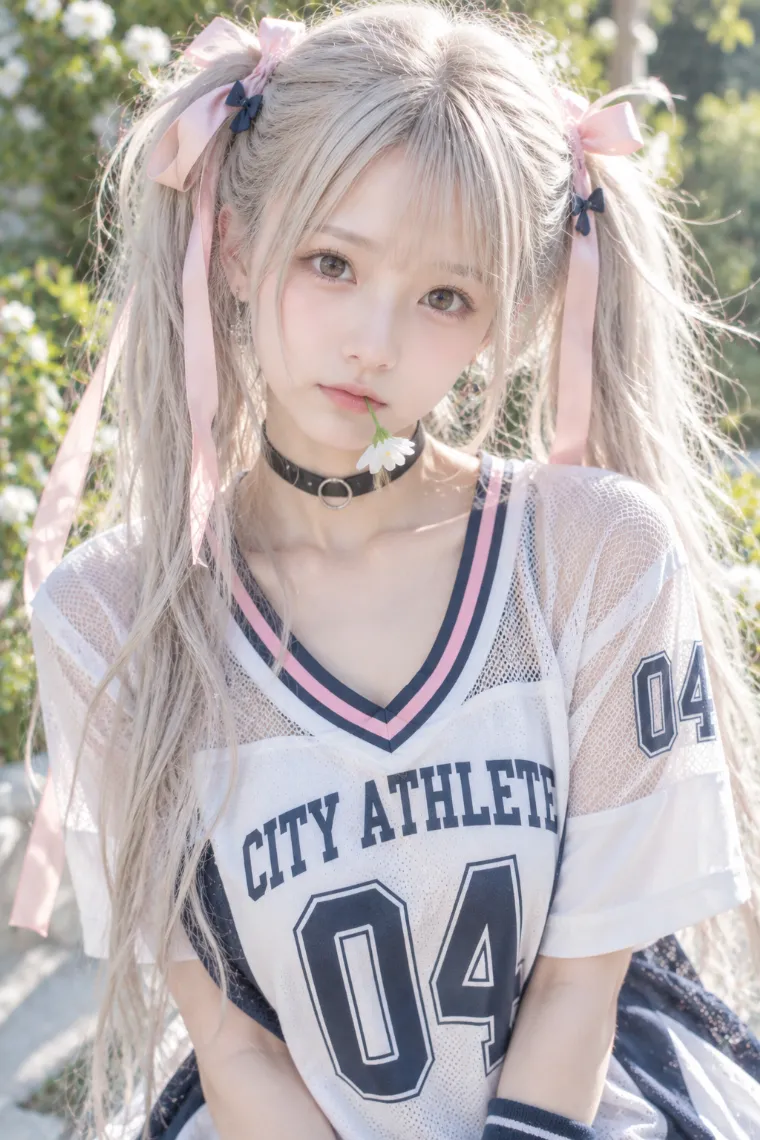 実写AI版｜白い花を口元でくわえるポーズ｜女の子のポーズ