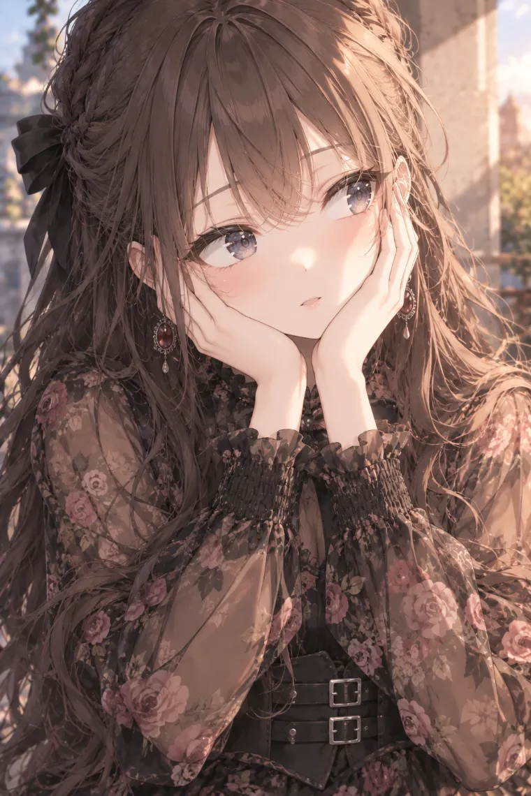 AIイラスト版｜両手で頬を包んで横目で見るポーズ｜女の子のポーズ