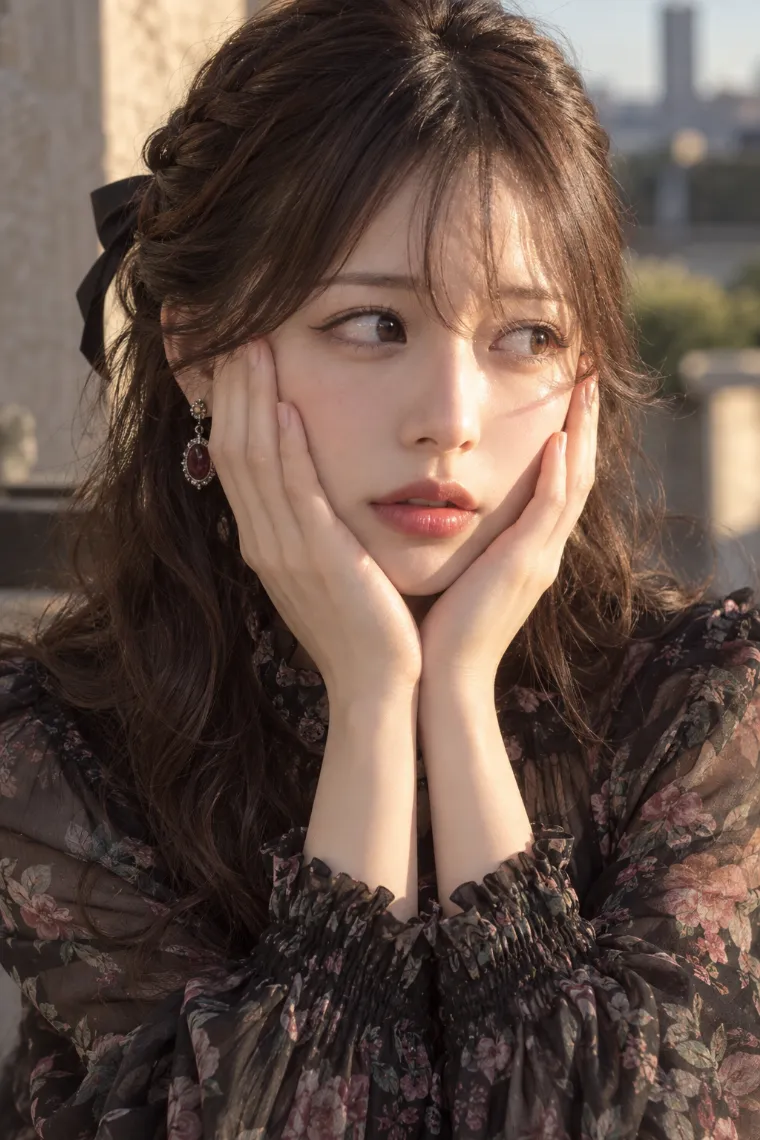 実写AI版｜両手で頬を包んで横目で見るポーズ｜女の子のポーズ