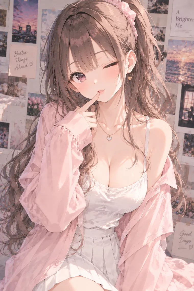 AIイラスト版｜人差し指を唇へ添えてウインクするポーズ｜女の子のポーズ