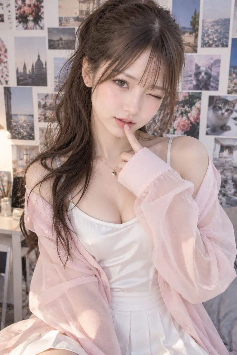 実写AI版｜人差し指を唇へ添えてウインクするポーズ｜女の子のポーズ