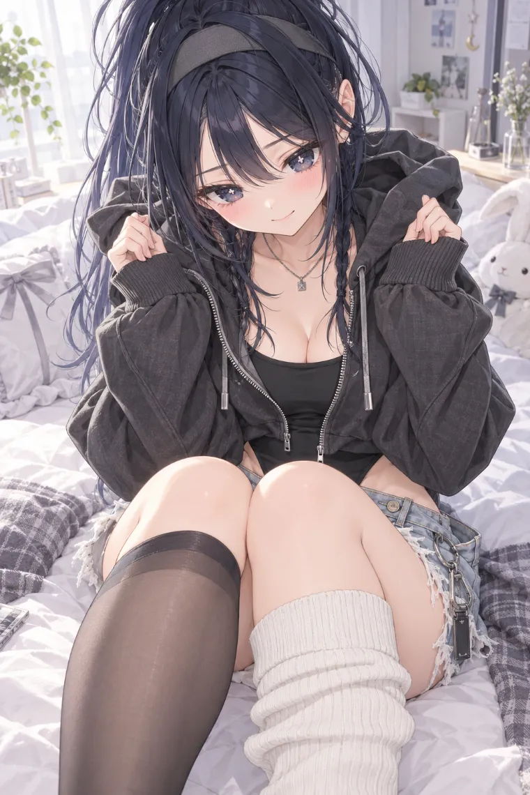 AIイラスト版｜ベッドで両膝を寄せて座るポーズ｜女の子のポーズ