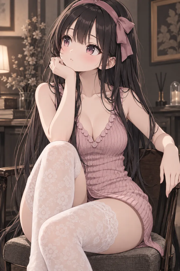 AIイラスト版｜片膝を上げてこぶしに顎を乗せるポーズ｜女の子のポーズ