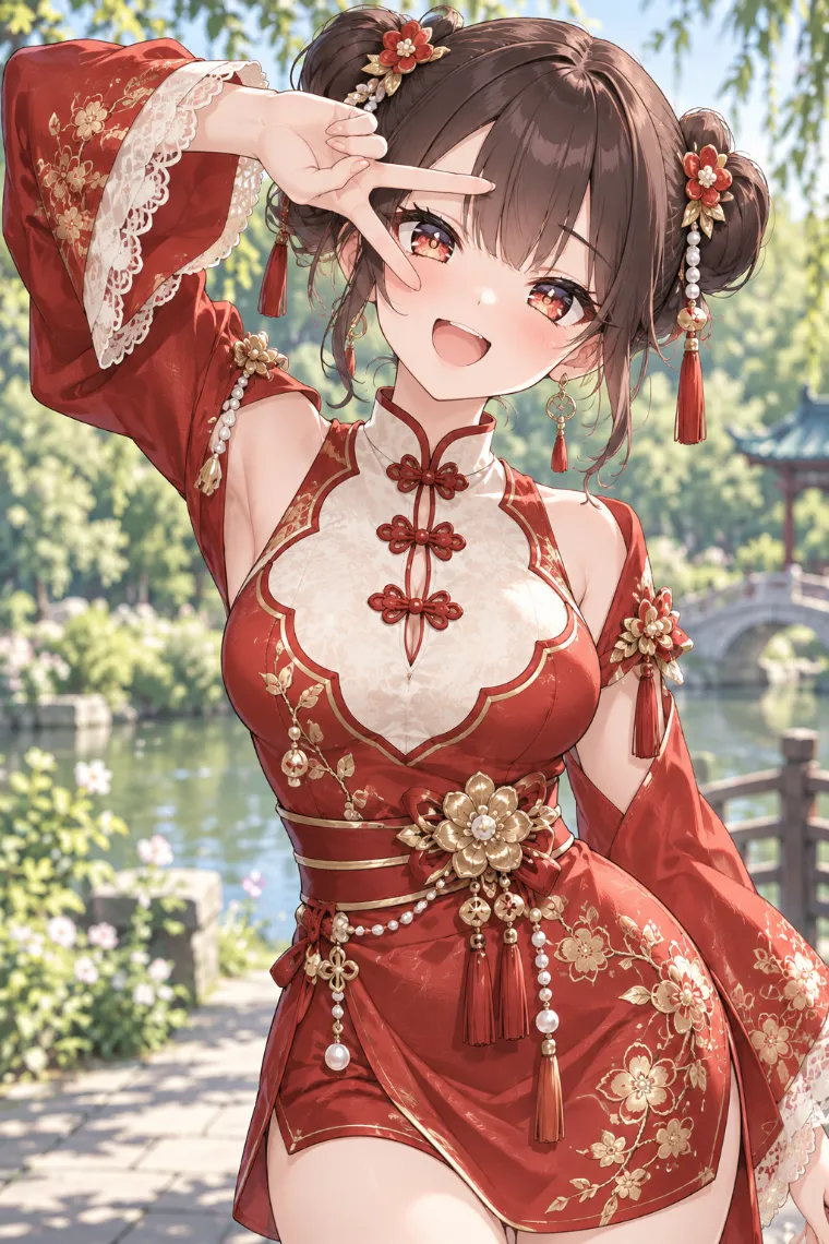 AIイラスト版｜ピースサインで片目を囲むポーズ｜女の子のポーズ