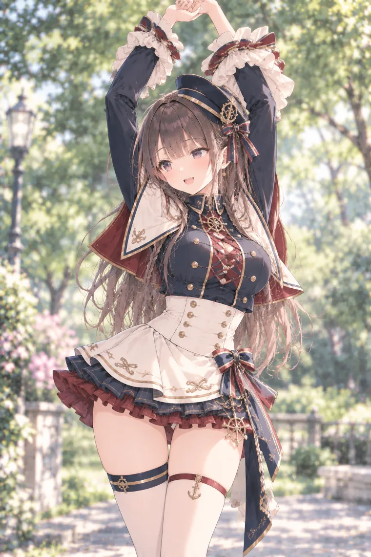 AIイラスト版｜両腕を頭上へ伸ばしてストレッチするポーズ｜女の子のポーズ