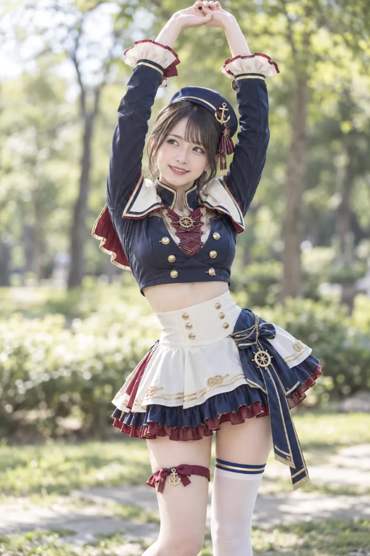 実写AI版｜両腕を頭上へ伸ばしてストレッチするポーズ｜女の子のポーズ