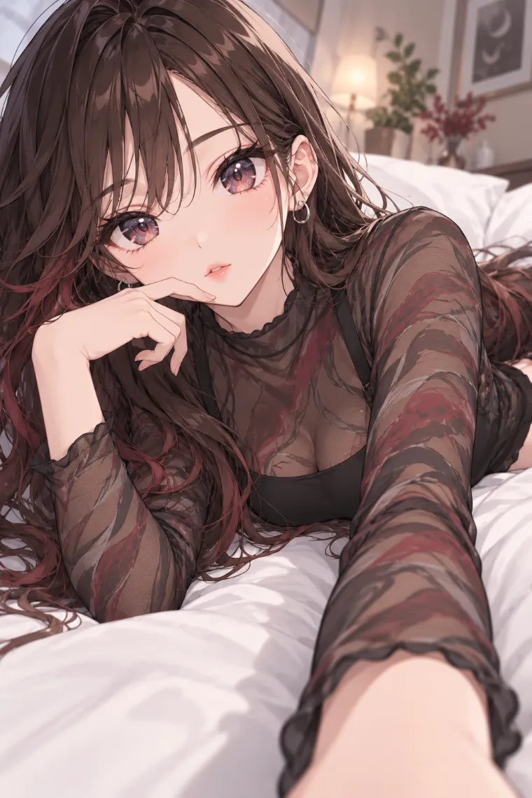 AIイラスト版｜横向きに寝そべって指を口元へ添えるポーズ｜女の子のポーズ
