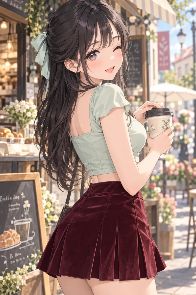 AIイラスト版｜カップを持って肩越しに振り返るポーズ｜女の子のポーズ