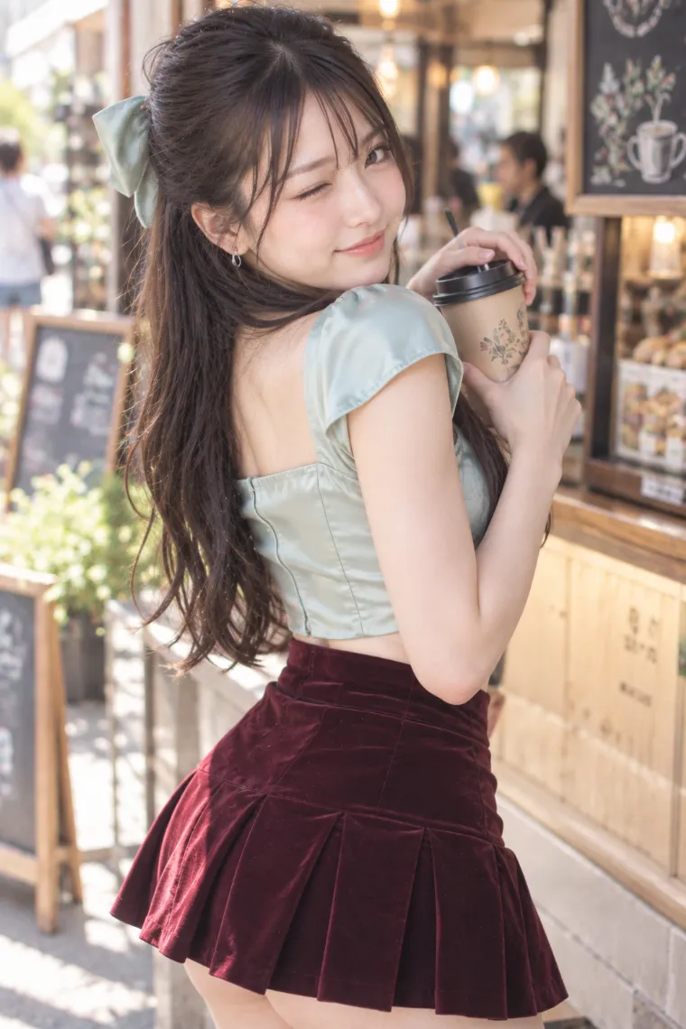 実写AI版｜カップを持って肩越しに振り返るポーズ｜女の子のポーズ