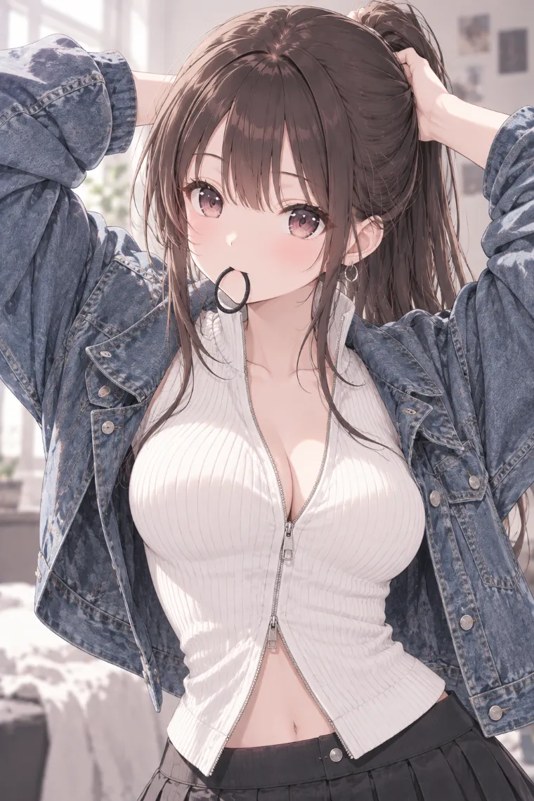 AIイラスト版｜髪を結びながらヘアゴムを口にくわえるポーズ｜女の子のポーズ