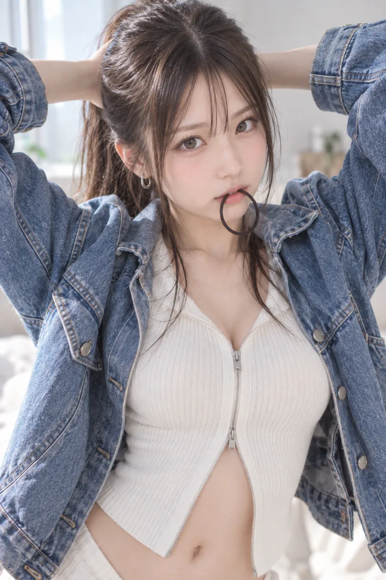 実写AI版｜髪を結びながらヘアゴムを口にくわえるポーズ｜女の子のポーズ