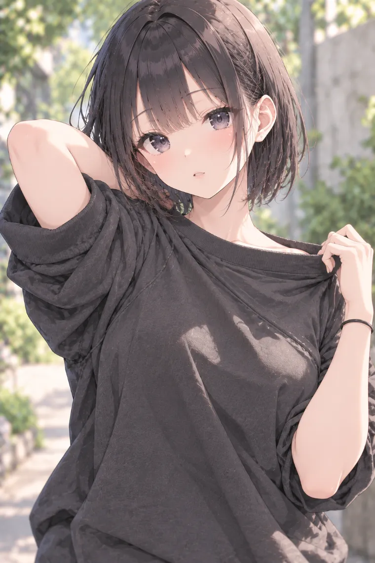 AIイラスト版｜片腕を胸前に横切らせて襟元を引っ張るポーズ｜女の子のポーズ