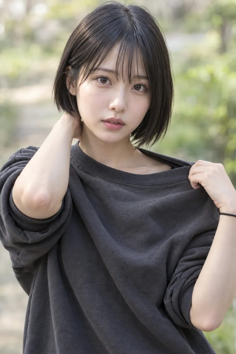 実写AI版｜片腕を胸前に横切らせて襟元を引っ張るポーズ｜女の子のポーズ