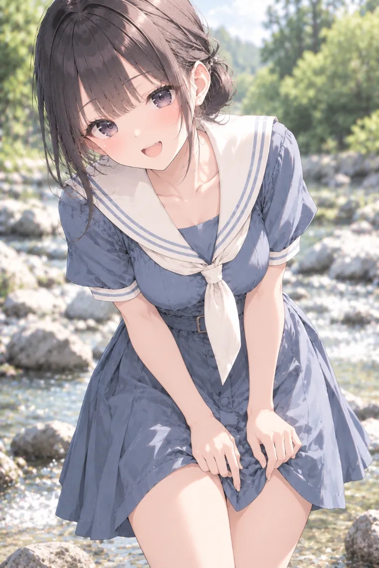 AIイラスト版｜前屈してスカートの裾を両手でつまむポーズ｜女の子のポーズ
