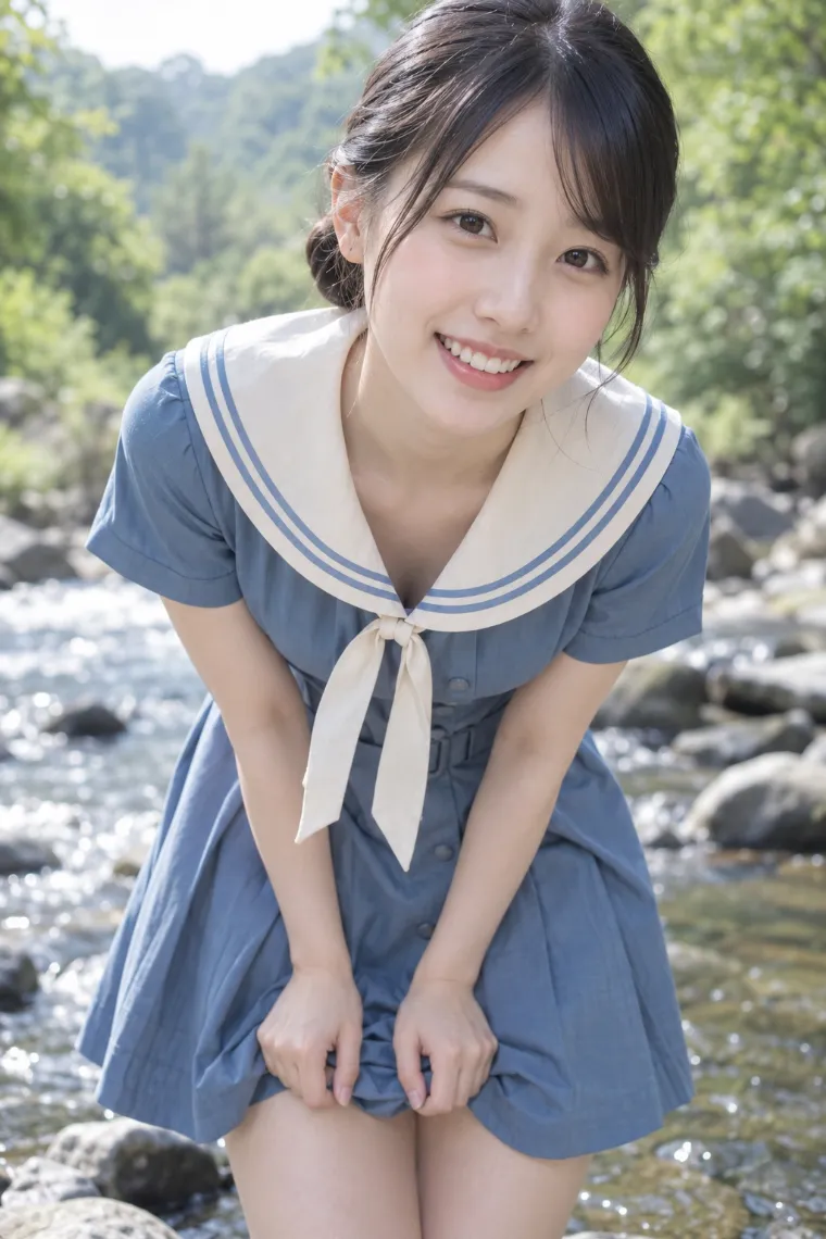 実写AI版｜前屈してスカートの裾を両手でつまむポーズ｜女の子のポーズ