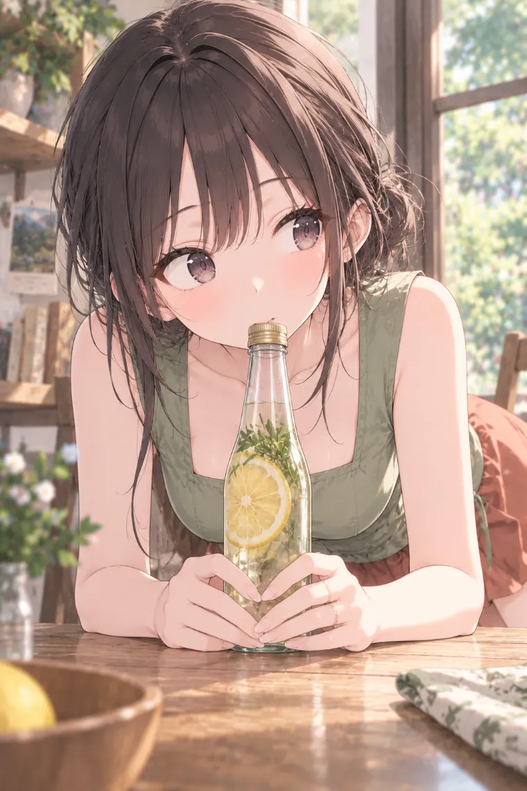 AIイラスト版｜卓上のボトルキャップへ唇を寄せるポーズ｜女の子のポーズ