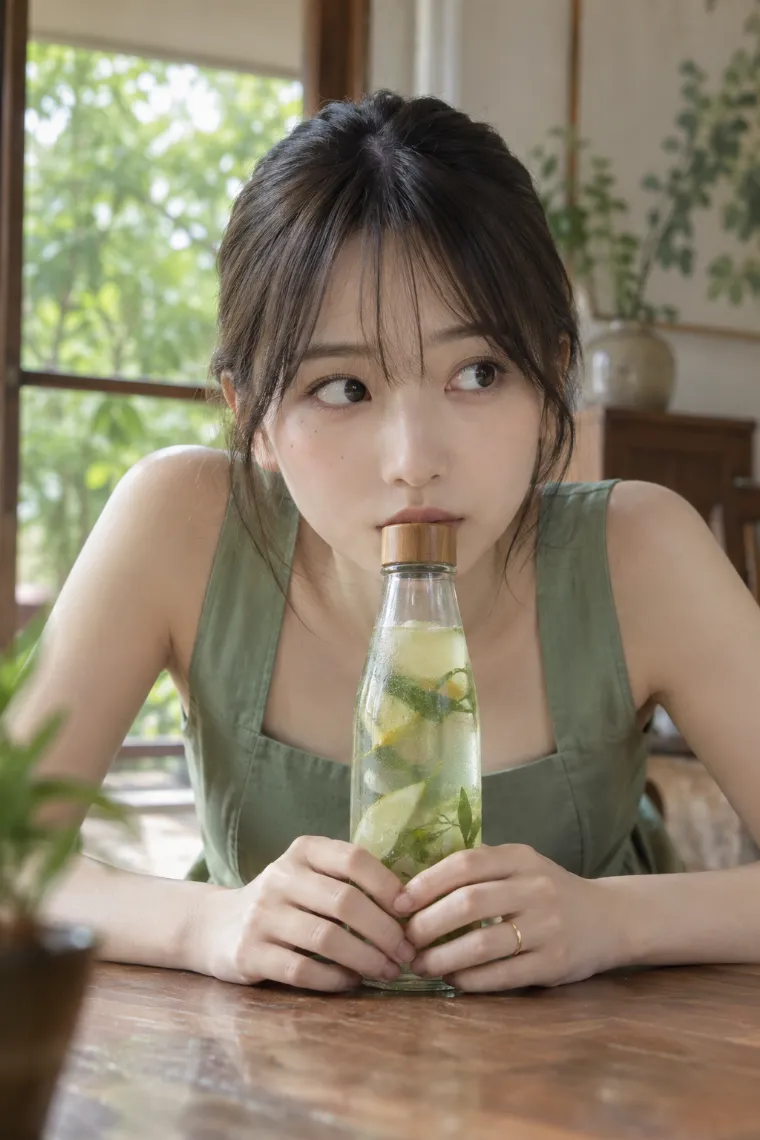実写AI版｜卓上のボトルキャップへ唇を寄せるポーズ｜女の子のポーズ