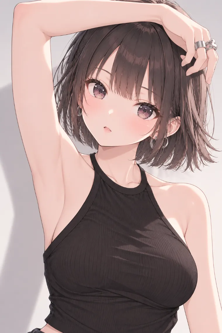 AIイラスト版｜片腕を頭上で曲げて顔を囲むポーズ｜女の子のポーズ