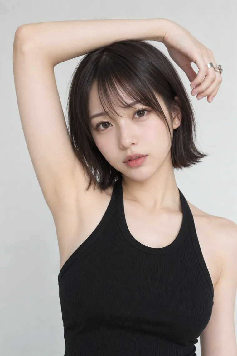実写AI版｜片腕を頭上で曲げて顔を囲むポーズ｜女の子のポーズ