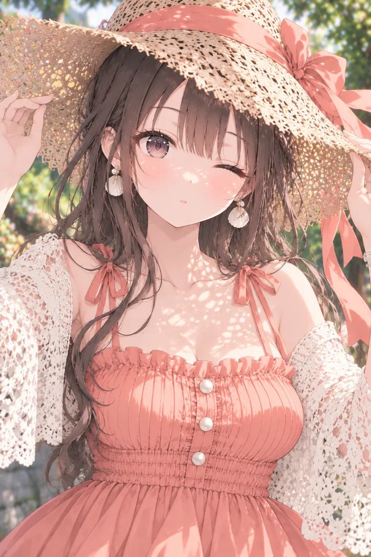 AIイラスト版｜つば広帽子の縁を両手で持つポーズ｜女の子のポーズ