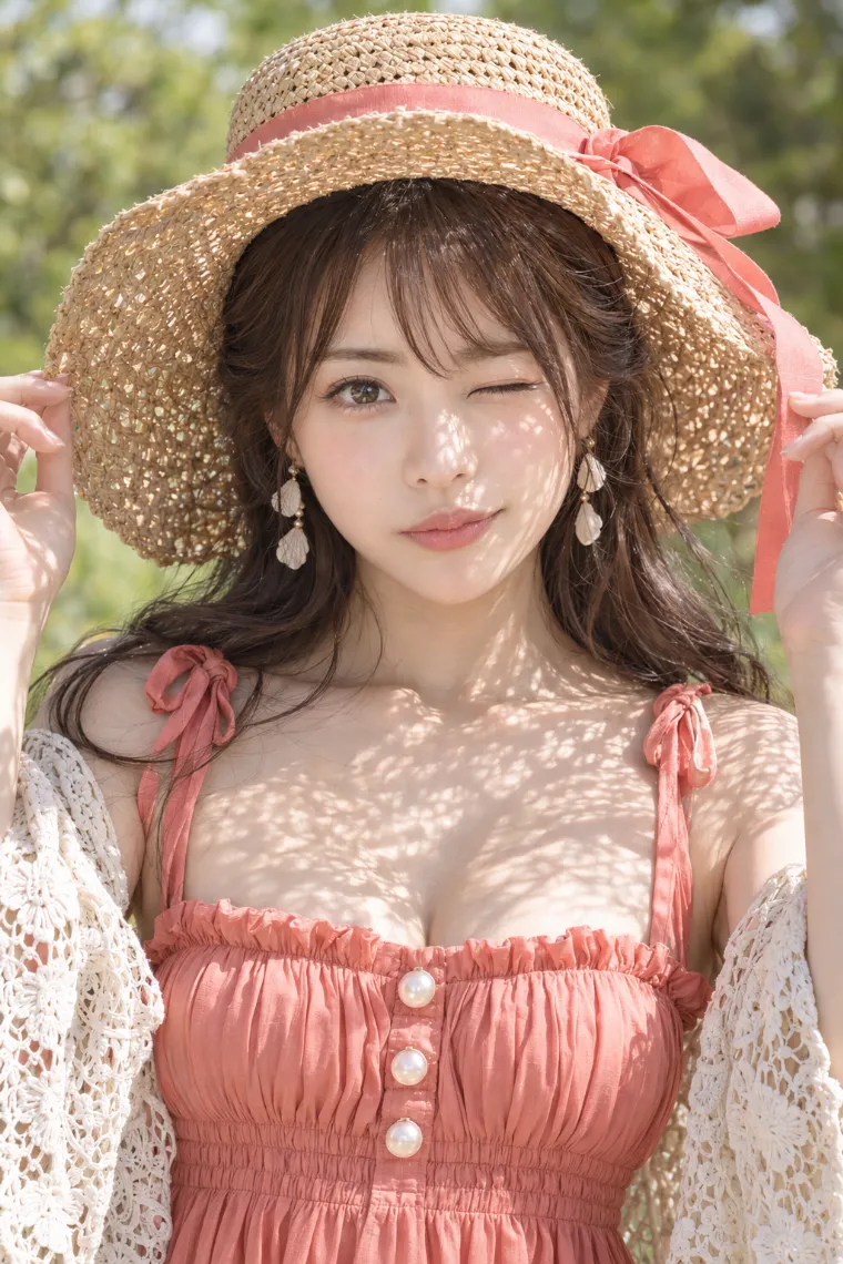 実写AI版｜つば広帽子の縁を両手で持つポーズ｜女の子のポーズ