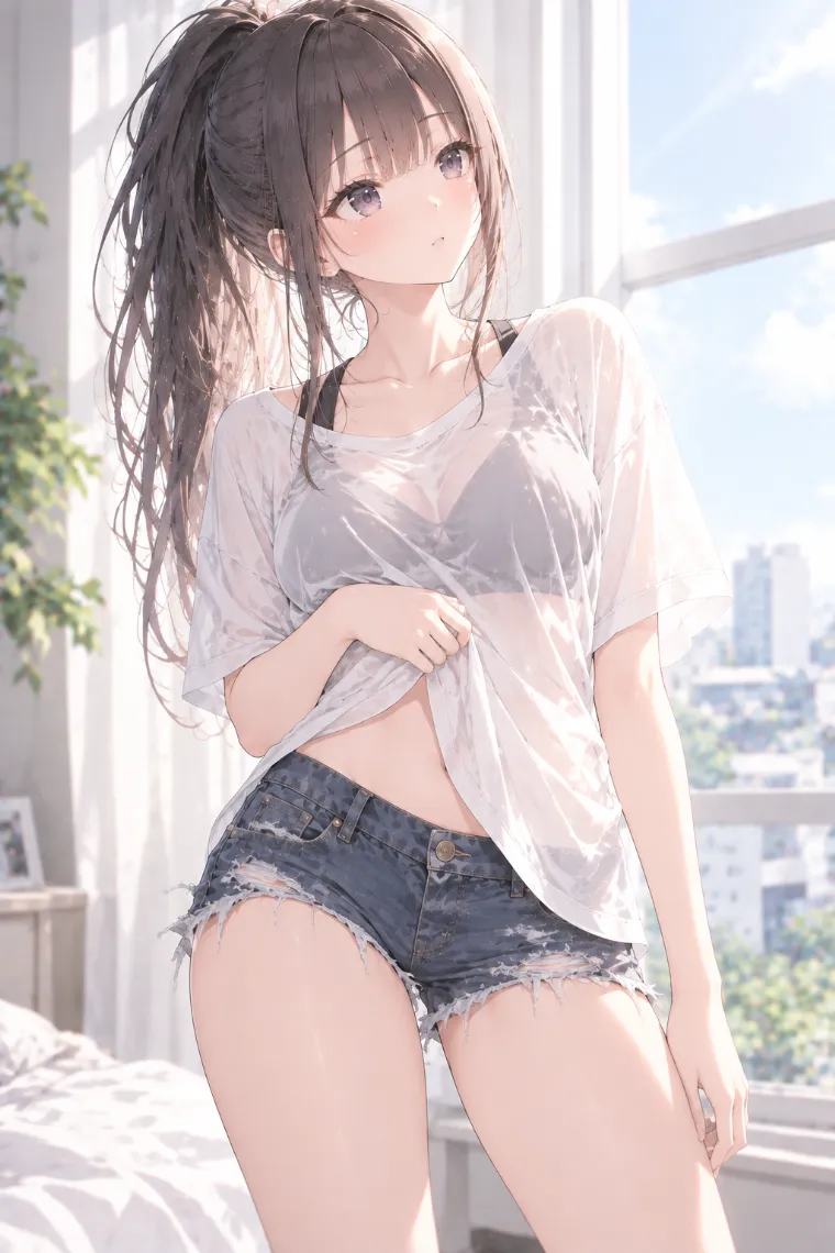 AIイラスト版｜窓辺でTシャツの裾を片手で持ち上げるポーズ｜女の子のポーズ