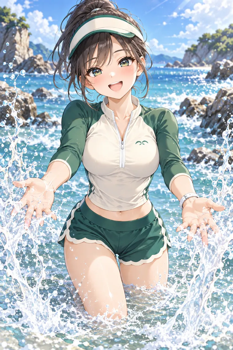 AIイラスト版｜浅瀬で両腕を広げて水を跳ね上げるポーズ｜女の子のポーズ