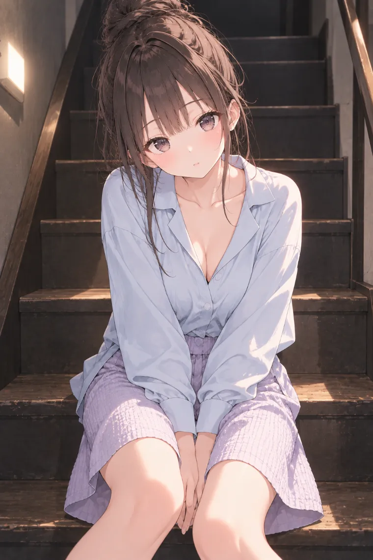AIイラスト版｜階段に座って両手を脚の間で重ねるポーズ｜女の子のポーズ