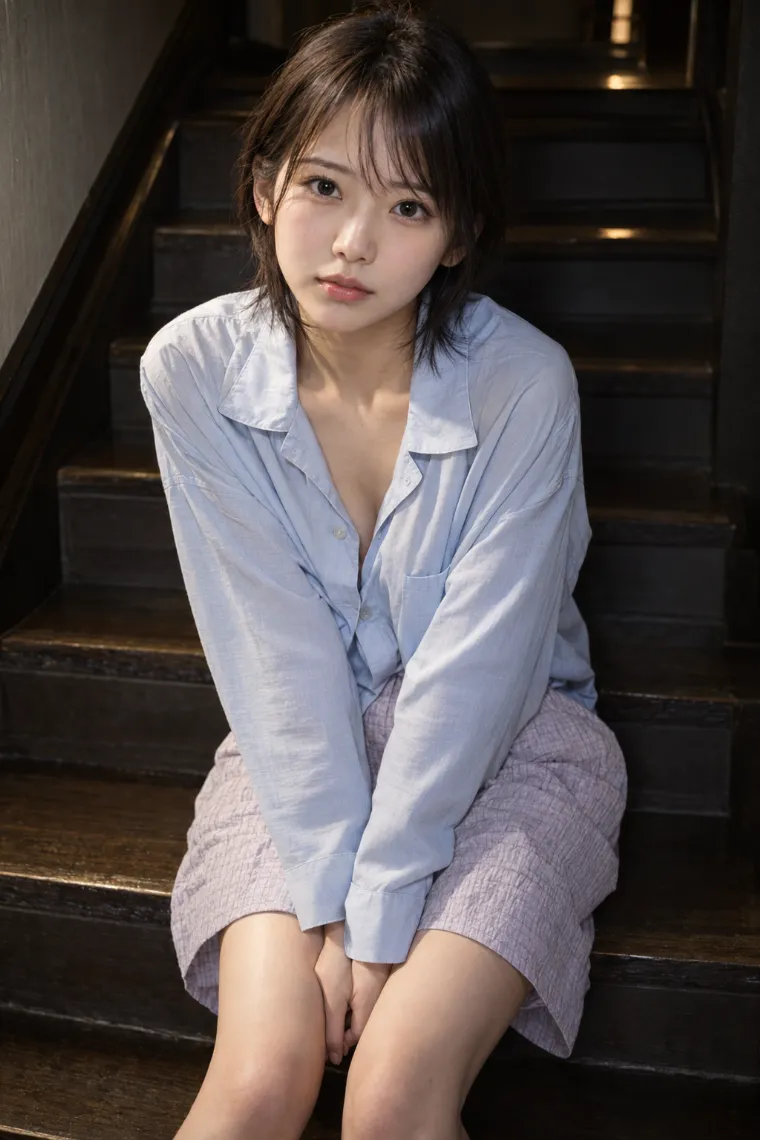 実写AI版｜階段に座って両手を脚の間で重ねるポーズ｜女の子のポーズ