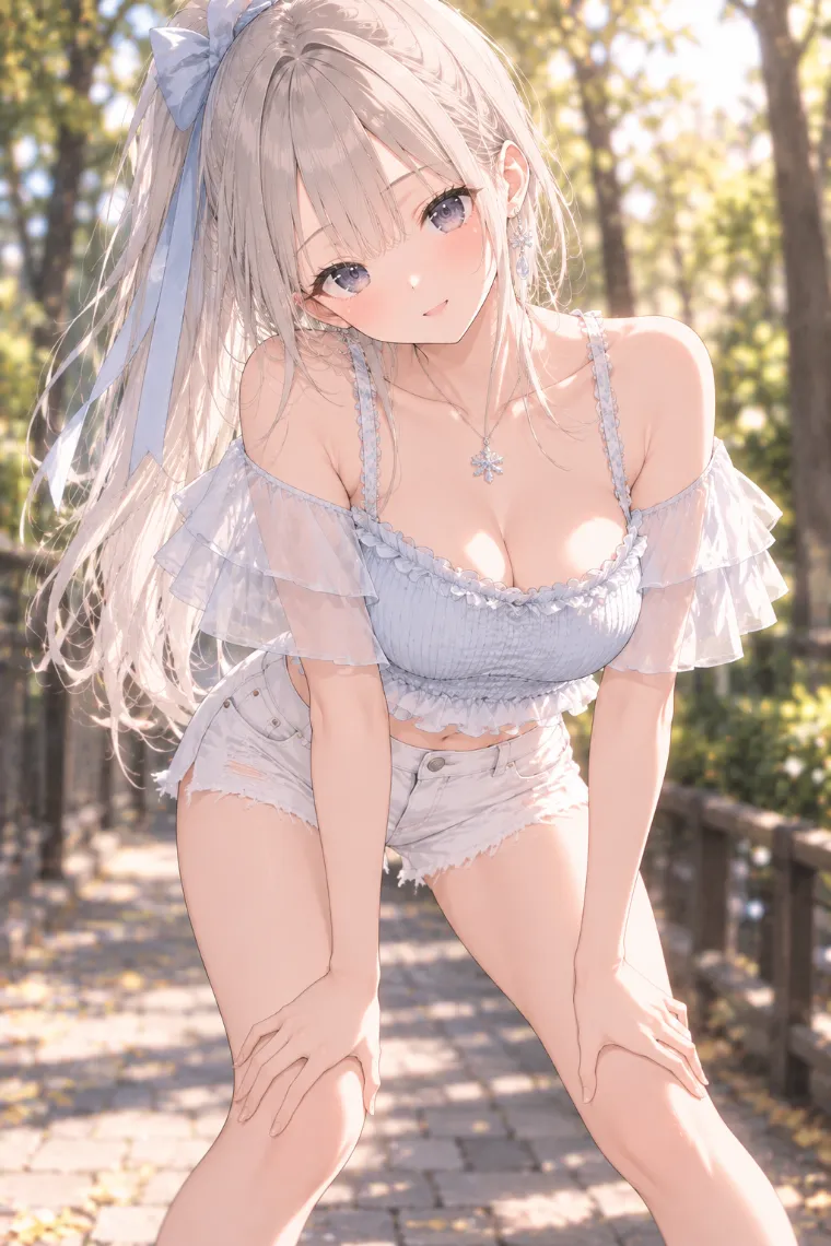 AIイラスト版｜前屈して両手をそれぞれの膝に置くポーズ｜女の子のポーズ