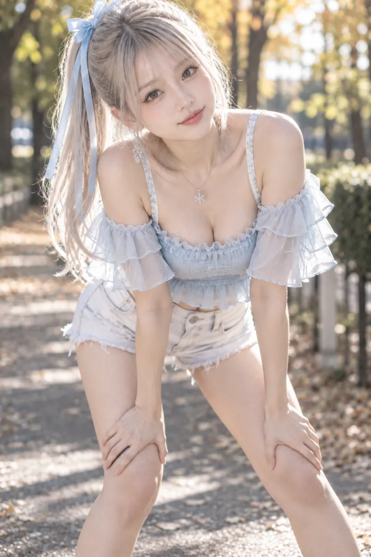 実写AI版｜前屈して両手をそれぞれの膝に置くポーズ｜女の子のポーズ