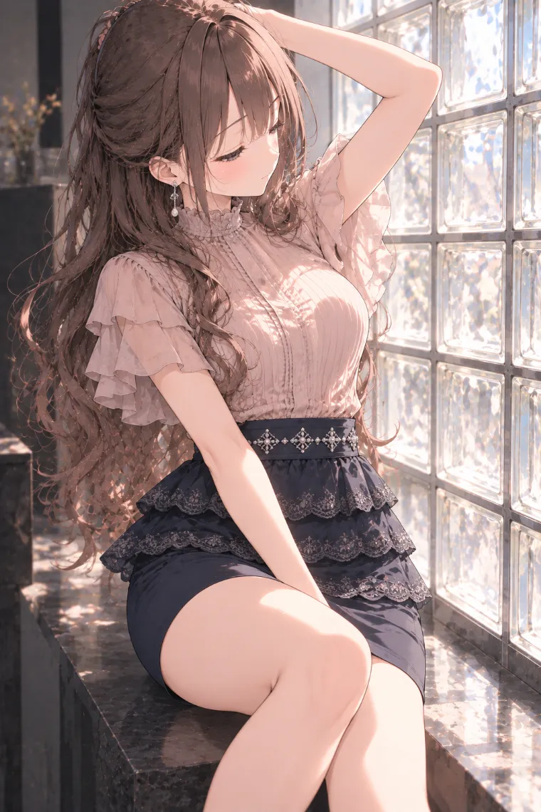 AIイラスト版｜窓辺で身体をひねって座り片手で髪をつかむポーズ｜女の子のポーズ